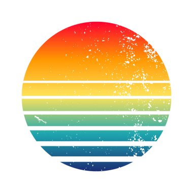 Klasik renkli günbatımı. 80 'ler ve 90' lar tarzında çizgili gündoğumu rozeti. Güneş ve okyanus manzarası, yaz atmosferi, sörf. Baskı, logo ya da tişört için tasarım elemanı. Vektör illüstrasyonu.