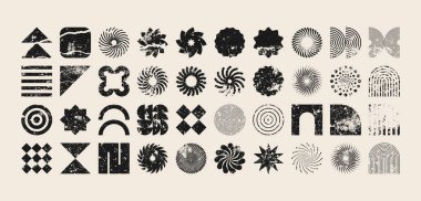 Acımasız geometrik şekiller, modern grunge sembolleri. Basit ilkel elementler ve formlar, sıkıntılı detaylar. Retro tasarım, yaş, eski moda, çağdaş minimalist tarz, y2k. Vektör illüstrasyonu.