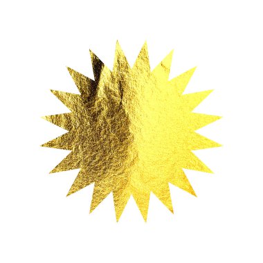 Altın yıldız, güneş patlaması sembolü. Parlak altın folyo. Klasik güneş ışığı sembolü. Alışveriş etiketleri, satış etiketleri, kalite notları. Modern sanat. Düğün, tebrik kartı dekorasyonu. Vektör illüstrasyonu.