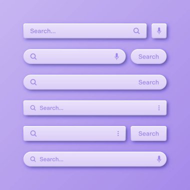 Renkli 3D arama çubuğu şablonları. Arama kutusu, adres çubuğu ve metin alanı olan internet tarayıcı motoru. Kullanıcı tasarımı, web arayüzü ögesi web simgeleri ve düğmeye basın. Vektör illüstrasyonu.