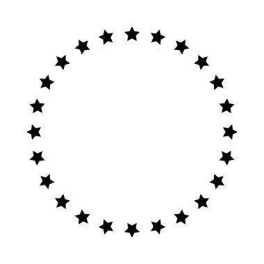 Çemberde çeşitli boyutlarda yıldızlar var. Yuvarlak çerçeve, sınır. Siyah yıldız çizgisi, basit bir sembol. Tasarım elemanı, süs. Çizgi çalışması. Vektör illüstrasyonu.