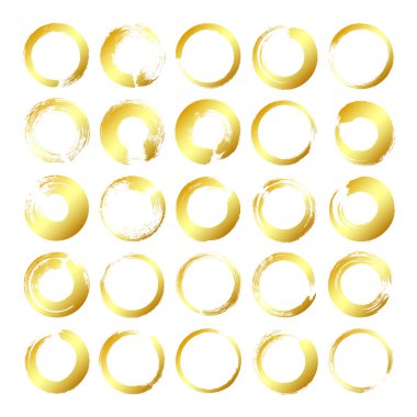 Altın grunge daireleri, fırça darbeleri, çizgiler, mürekkep lekeleri, elle çizilmiş karalama şekilleri. El yapımı kabataslak izler, akrilik lekeler, kömür çizgileri. Boya dokuları, kuru fırça etkisi. Vektör illüstrasyonu.