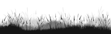 Otlu çayır silueti, ovadaki bitkiler. Panoramik yaz çimleri, otlar, çeşitli otlar. Bitki sınırı, çerçeve elementi. Siyah yatay pankartlar. Vektör illüstrasyonu.