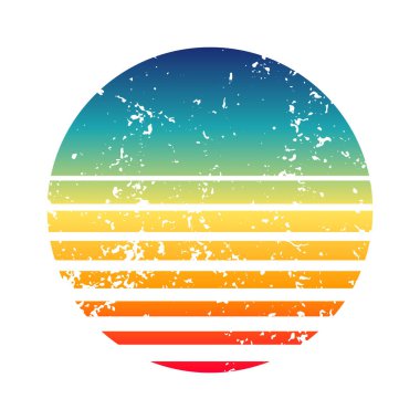 Klasik renkli günbatımı. 80 'ler ve 90' lar tarzında çizgili gündoğumu rozeti. Güneş ve okyanus manzarası, yaz atmosferi, sörf. Baskı, logo ya da tişört için tasarım elemanı. Vektör illüstrasyonu.