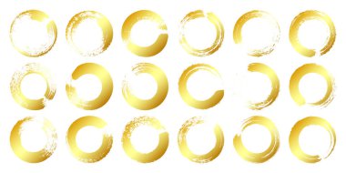 Altın grunge daireleri, fırça darbeleri, çizgiler, mürekkep lekeleri, elle çizilmiş karalama şekilleri. El yapımı kabataslak izler, akrilik lekeler, kömür çizgileri. Boya dokuları, kuru fırça etkisi. Vektör illüstrasyonu.