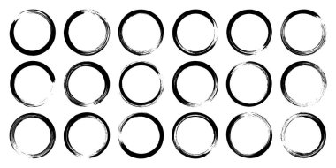 Grunge daireleri, fırça darbeleri, çizgiler, mürekkep lekeleri, elle çizilmiş karalama şekilleri. El yapımı kabataslak izler, akrilik lekeler, kömür çizgileri. Boya dokuları, kuru fırça etkisi. Vektör illüstrasyonu.