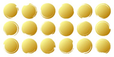 Altın grunge daireleri, fırça darbeleri, çizgiler, mürekkep lekeleri, elle çizilmiş karalama şekilleri. El yapımı kabataslak izler, akrilik lekeler, kömür çizgileri. Boya dokuları, kuru fırça etkisi. Vektör illüstrasyonu.