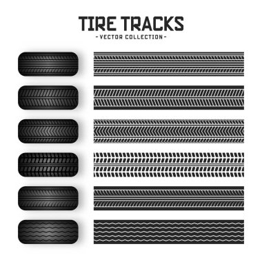 Lastik izleri, lastik tekerlekler ve fren izleri. Kamyon, araba ya da motosiklet lastiği siluetleri. Araba yarışları, motor sporları ve hız ile ilgili tasarımlar için mükemmel. Vektör illüstrasyonu.