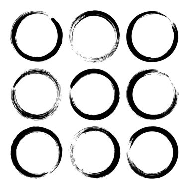 Grunge daireleri, fırça darbeleri, çizgiler, mürekkep lekeleri, elle çizilmiş karalama şekilleri. El yapımı kabataslak izler, akrilik lekeler, kömür çizgileri. Boya dokuları, kuru fırça etkisi. Vektör illüstrasyonu.