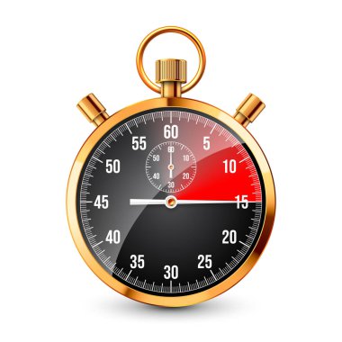 Gerçekçi klasik kronometre. Parlak altın metal kronometre, çevirmeli zaman sayacı. Kırmızı geri sayım zamanlayıcısı dakikaları ve saniyeleri gösteriyor. Spor için zaman ölçümü, başla, bitir. Vektör illüstrasyonu.