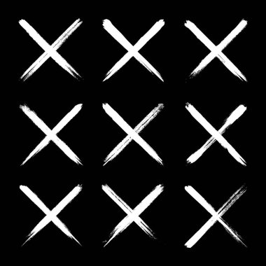 Grunge haçları, fırça darbeleri, x işareti, çizgiler, mürekkep lekeleri, elle çizilmiş karalama şekilleri. El yapımı kabataslak izler, akrilik lekeler, kömür çizgileri. Boya dokuları, kuru fırça etkisi. Vektör illüstrasyonu.