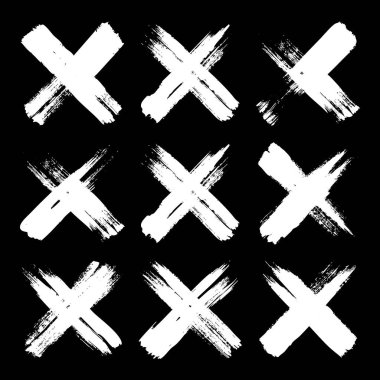 Grunge haçları, fırça darbeleri, x işareti, çizgiler, mürekkep lekeleri, elle çizilmiş karalama şekilleri. El yapımı kabataslak izler, akrilik lekeler, kömür çizgileri. Boya dokuları, kuru fırça etkisi. Vektör illüstrasyonu.