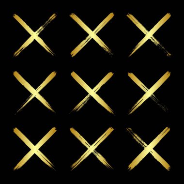 Altın haçlar, fırça darbeleri, çizgiler, mürekkep lekeleri, elle çizilmiş karalama şekilleri. El yapımı kabataslak izler, akrilik lekeler, kömür çizgileri. Boya dokuları, kuru fırça etkisi. Vektör illüstrasyonu.