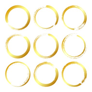 Altın grunge daireleri, fırça darbeleri, çizgiler, mürekkep lekeleri, elle çizilmiş karalama şekilleri. El yapımı kabataslak izler, akrilik lekeler, kömür çizgileri. Boya dokuları, kuru fırça etkisi. Vektör illüstrasyonu.