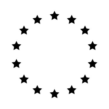 Çemberde çeşitli boyutlarda yıldızlar var. Yuvarlak çerçeve, sınır. Siyah yıldız çizgisi, basit bir sembol. Tasarım elemanı, süs. Çizgi çalışması. Vektör illüstrasyonu.