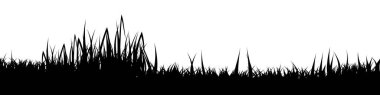 Otlu çayır silueti, ovadaki bitkiler. Panoramik yaz çimleri, otlar, çeşitli otlar. Bitki sınırı, çerçeve elementi. Siyah yatay pankartlar. Vektör illüstrasyonu.