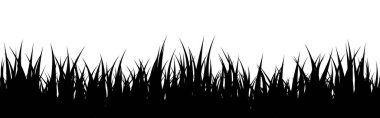 Otlu çayır silueti, ovadaki bitkiler. Panoramik yaz çimleri, otlar, çeşitli otlar. Bitki sınırı, çerçeve elementi. Siyah yatay pankartlar. Vektör illüstrasyonu.