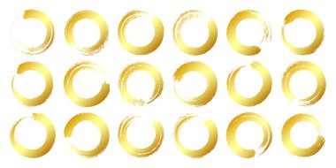 Altın grunge daireleri, fırça darbeleri, çizgiler, mürekkep lekeleri, elle çizilmiş karalama şekilleri. El yapımı kabataslak izler, akrilik lekeler, kömür çizgileri. Boya dokuları, kuru fırça etkisi. Vektör illüstrasyonu.