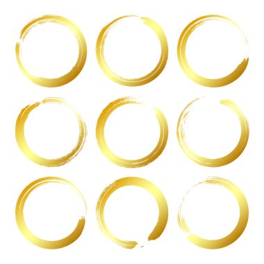 Altın grunge daireleri, fırça darbeleri, çizgiler, mürekkep lekeleri, elle çizilmiş karalama şekilleri. El yapımı kabataslak izler, akrilik lekeler, kömür çizgileri. Boya dokuları, kuru fırça etkisi. Vektör illüstrasyonu.