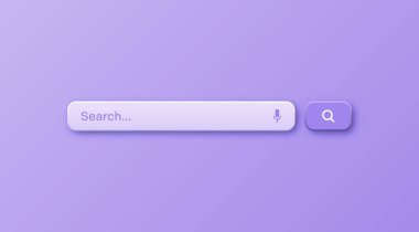 Renkli 3D arama çubuğu şablonu. Arama kutusu, adres çubuğu ve metin alanı olan internet tarayıcı motoru. Kullanıcı tasarımı, web arayüzü ögesi web simgeleri ve düğmeye basın. Vektör illüstrasyonu.