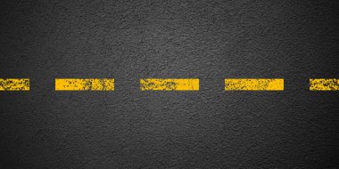 Sarı şerit işaretli asfalt yol, beton yol yüzeyi, doku. Sokak trafiği, yol ayırma şeridi. Kum tanecikli desen, grunge taşı arkaplan. Vektör illüstrasyonu.