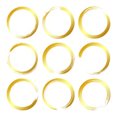 Altın grunge daireleri, fırça darbeleri, çizgiler, mürekkep lekeleri, elle çizilmiş karalama şekilleri. El yapımı kabataslak izler, akrilik lekeler, kömür çizgileri. Boya dokuları, kuru fırça etkisi. Vektör illüstrasyonu.