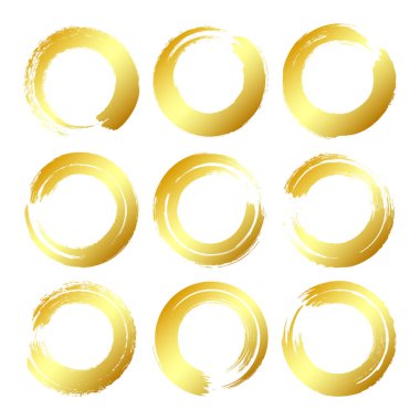 Altın grunge daireleri, fırça darbeleri, çizgiler, mürekkep lekeleri, elle çizilmiş karalama şekilleri. El yapımı kabataslak izler, akrilik lekeler, kömür çizgileri. Boya dokuları, kuru fırça etkisi. Vektör illüstrasyonu.