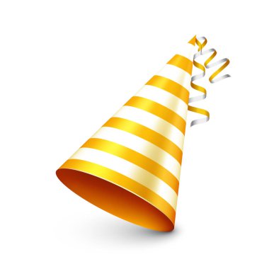 Kurdeleli parti şapkası. Kutlama, doğum günü ya da karnaval için bayram süsü. Eğlenceli parti aksesuarı, tebrik kartları, posterler, davetiyeler, afişler, tasarım projeleri. Vektör illüstrasyonu.