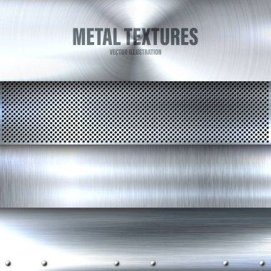 Gerçekçi metal pankartlar. Fırçalanmış çelik ya da alüminyum plaka. Cilalanmış metal yüzey. Çizikli eski grunge dokusu. Vektör illüstrasyonu.