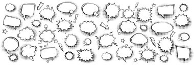 Yarım tonlu gölgeli boş komik konuşma baloncukları koleksiyonu. El çizimi eski çizgi film çıkartmaları. Pop sanat tarzı. Vektör illüstrasyonu