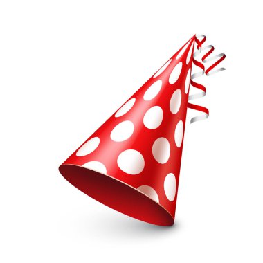 Kurdeleli parti şapkası. Kutlama, doğum günü ya da karnaval için bayram süsü. Eğlenceli parti aksesuarı, tebrik kartları, posterler, davetiyeler, afişler, tasarım projeleri. Vektör illüstrasyonu.