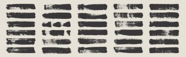 Uzun grunge fırça darbeleri, çizgiler, mürekkep lekeleri, elle çizilmiş karalama şekilleri. El yapımı yarım yamalak işaretler, akrilik lekeler, kömür çizgileri. Boya dokuları, fırça etkisi. İşaret altı çizili. Vektör illüstrasyonu.