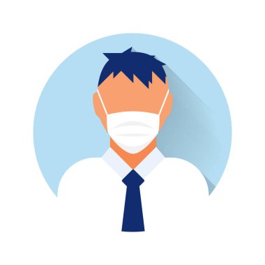 Tıbbi maskeli yassı modern minimal avatar ikonu. İş konsepti, küresel iletişim. Web sitesi kullanıcı profili. Sosyal medya, ağ ögeleri.