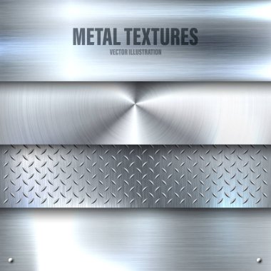 Gerçekçi metal pankartlar. Fırçalanmış çelik ya da alüminyum plaka. Cilalanmış metal yüzey. Çizikli eski grunge dokusu. Vektör illüstrasyonu.