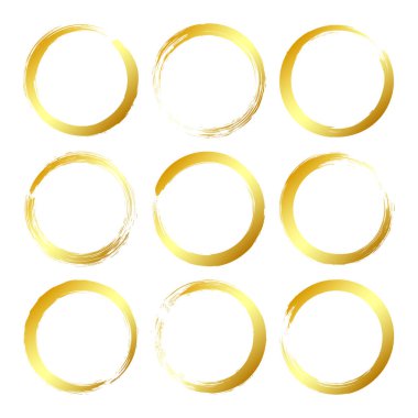 Altın grunge daireleri, fırça darbeleri, çizgiler, mürekkep lekeleri, elle çizilmiş karalama şekilleri. El yapımı kabataslak izler, akrilik lekeler, kömür çizgileri. Boya dokuları, kuru fırça etkisi. Vektör illüstrasyonu.