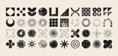 Acımasız geometrik şekiller, modern grunge sembolleri. Basit ilkel elementler ve formlar, sıkıntılı detaylar. Retro tasarım, yaş, eski moda, çağdaş minimalist tarz, y2k. Vektör illüstrasyonu.