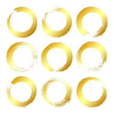 Altın grunge daireleri, fırça darbeleri, çizgiler, mürekkep lekeleri, elle çizilmiş karalama şekilleri. El yapımı kabataslak izler, akrilik lekeler, kömür çizgileri. Boya dokuları, kuru fırça etkisi. Vektör illüstrasyonu.