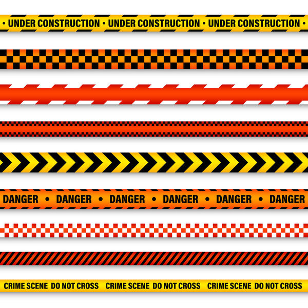 Баррикадная строительная лента. Красочная полицейская линия предупреждения, ярко окрашенная опасность или полоса опасности, лента. Запретная зона, зона. Символ внимания Векторная иллюстрация.
