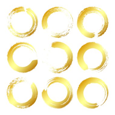 Altın grunge daireleri, fırça darbeleri, çizgiler, mürekkep lekeleri, elle çizilmiş karalama şekilleri. El yapımı kabataslak izler, akrilik lekeler, kömür çizgileri. Boya dokuları, kuru fırça etkisi. Vektör illüstrasyonu.