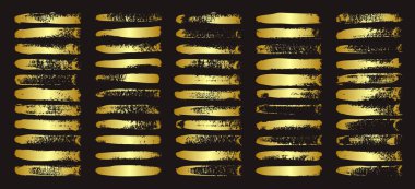 Altın fırça darbeleri, çizgiler, mürekkep lekeleri, elle çizilmiş karalama şekilleri. El yapımı kabataslak izler, akrilik lekeler, kömür çizgileri. Boya dokuları, kuru fırça etkisi. İşaret altı çizili. Vektör illüstrasyonu.