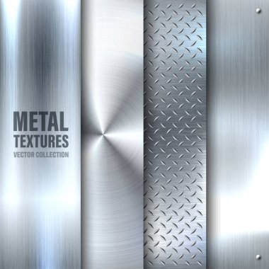 Gerçekçi metal pankartlar. Fırçalanmış çelik ya da alüminyum plaka. Cilalanmış metal yüzey. Çizikli eski grunge dokusu. Vektör illüstrasyonu.