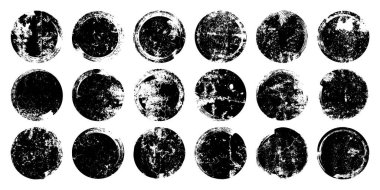 Grunge lekeler ve çiziklerle daireler çiziyor. Çember fırça darbesi, yuvarlak şekil tasarım elementi. Sıkıntılı kirli metin çerçevesi, sınır, çıkartma ya da etiket. Boya fırçası, mürekkep lekeleri. Vektör illüstrasyonu.