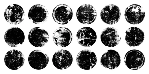 Grunge lekeler ve çiziklerle daireler çiziyor. Çember fırça darbesi, yuvarlak şekil tasarım elementi. Sıkıntılı kirli metin çerçevesi, sınır, çıkartma ya da etiket. Boya fırçası, mürekkep lekeleri. Vektör illüstrasyonu.