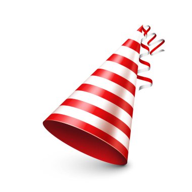 Kurdeleli parti şapkası. Kutlama, doğum günü ya da karnaval için bayram süsü. Eğlenceli parti aksesuarı, tebrik kartları, posterler, davetiyeler, afişler, tasarım projeleri. Vektör illüstrasyonu.