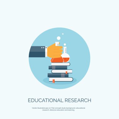 Flat vector illustration with books and flask. Study and learning concept background. Educational research.