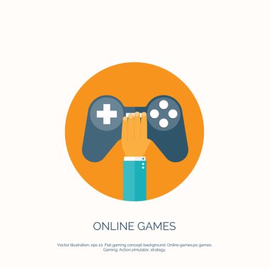 Vektör çizim. Düz arka plan el ve joystick ile. Oyun online.