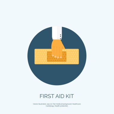 Vektör çizim. Düz arka plan el ve tıbbi sıva ile. İlk yardım.