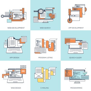 Vector illustration. Flat computing background. Programming and coding. Web development and search. Search engine optimization. Innovation and technologies. Mobile app.
