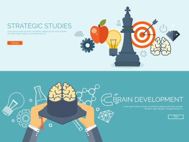 Vector illustration. Flat study backgrounds set.  Study aim and strategy. Academic cap, chess figure. Planning and management. Education online. Target with arrow.
