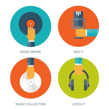 Vector illustration. Flat music background with hand. Voice recording.